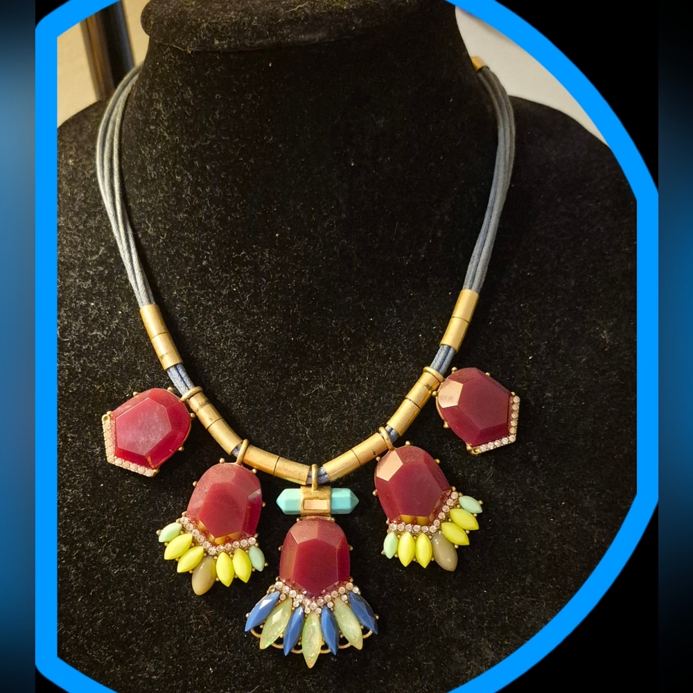 J.Crew Burgandy/Blue Bib Style Statement Necklace Marquise Cut Acrylic Stones